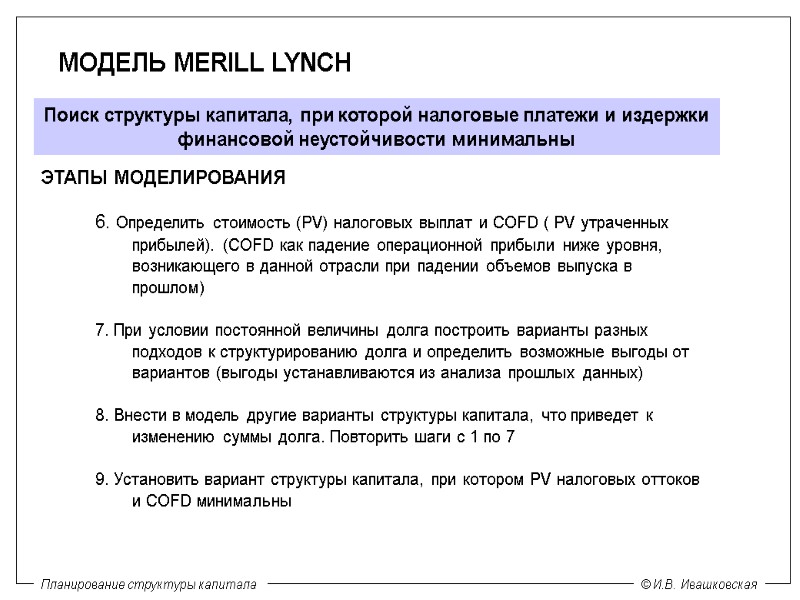 МОДЕЛЬ MERILL LYNCH Поиск структуры капитала, при которой налоговые платежи и издержки финансовой неустойчивости